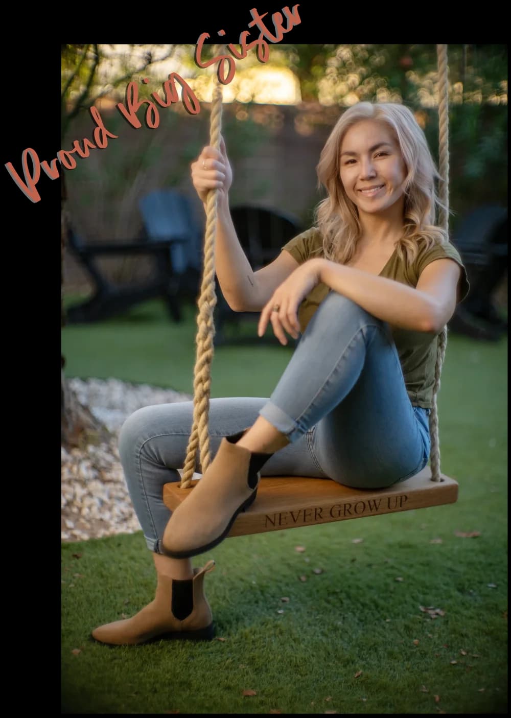 Stephanie Hall, founder of HOPSCOTCH, smiling on a backyard rope swing, with “Proud Big Sister” handwritten across the corner