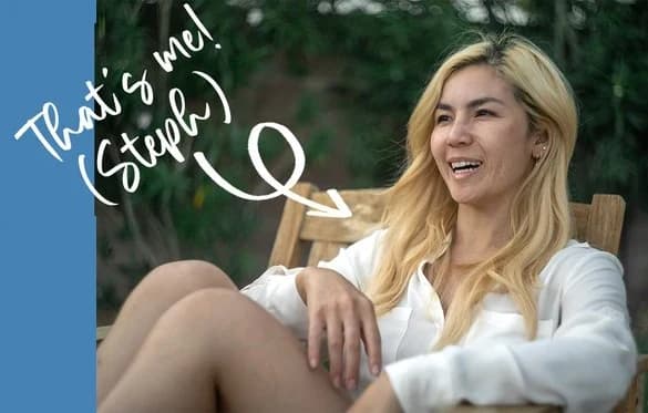 Stephanie, founder of Hopscotch, smiling in a garden chair