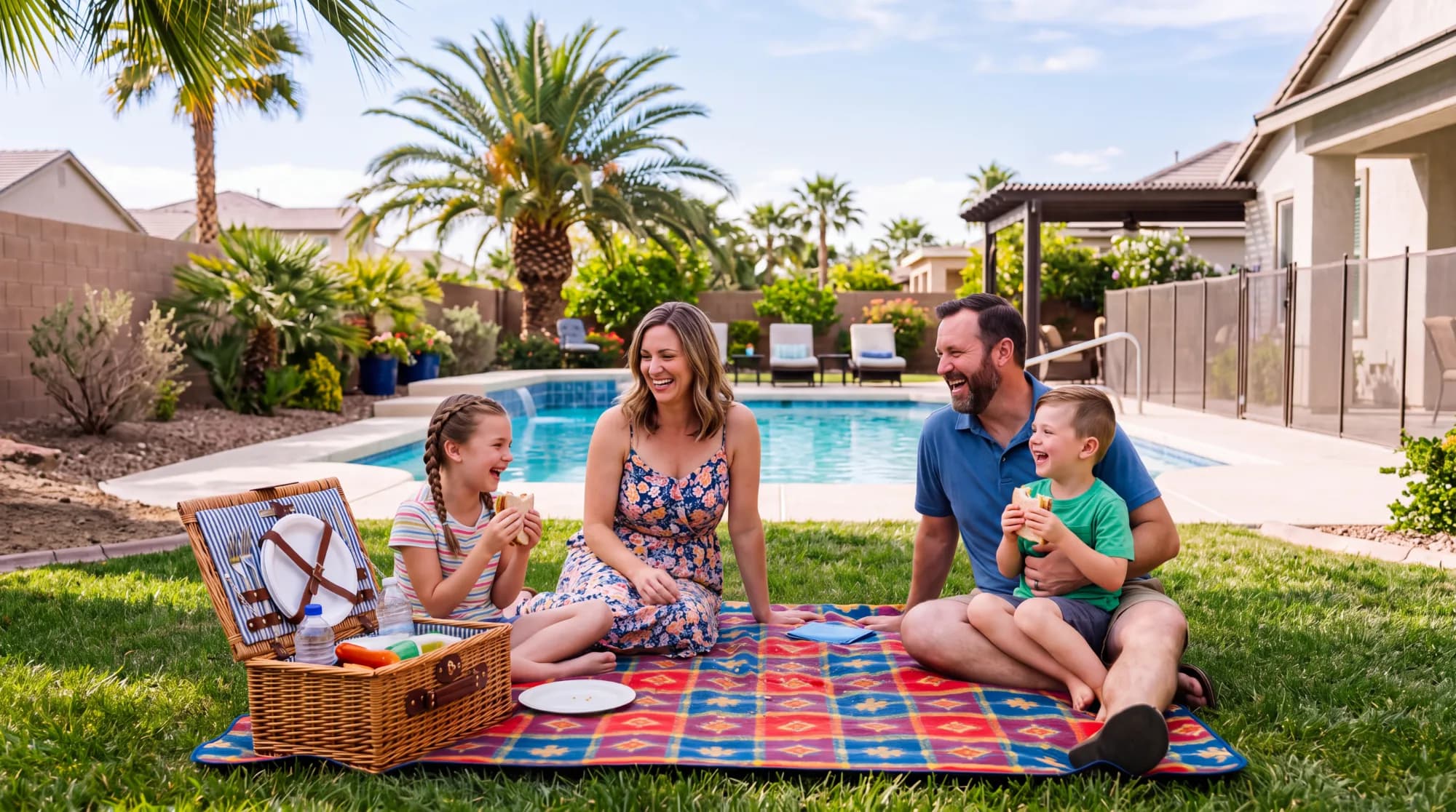 A family laughing over a picnic on the lawn of a backyard with a pool