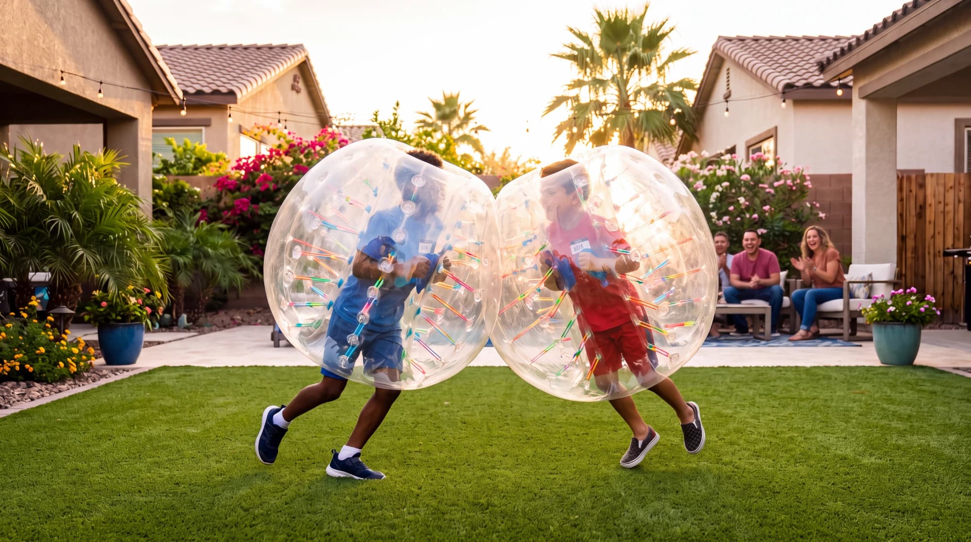 Two kids in bubble suits bumping into each other on a backyard lawn while parents cheer