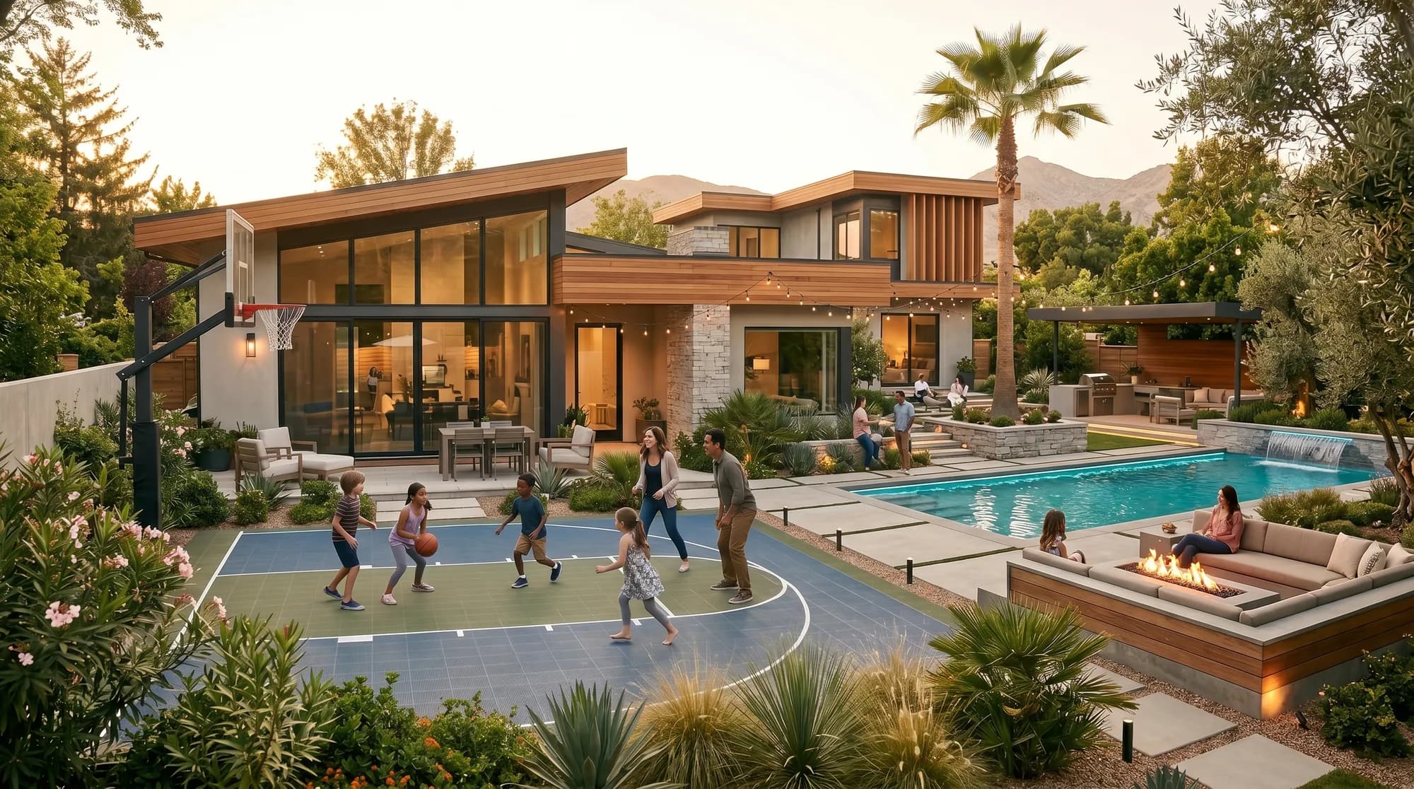 Family playing basketball on a backyard court beside a pool