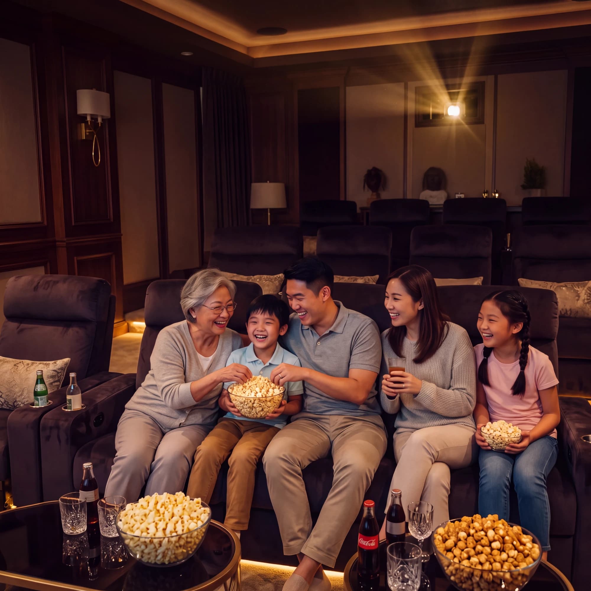 Grandma, parents, and kids sharing popcorn in a home theater