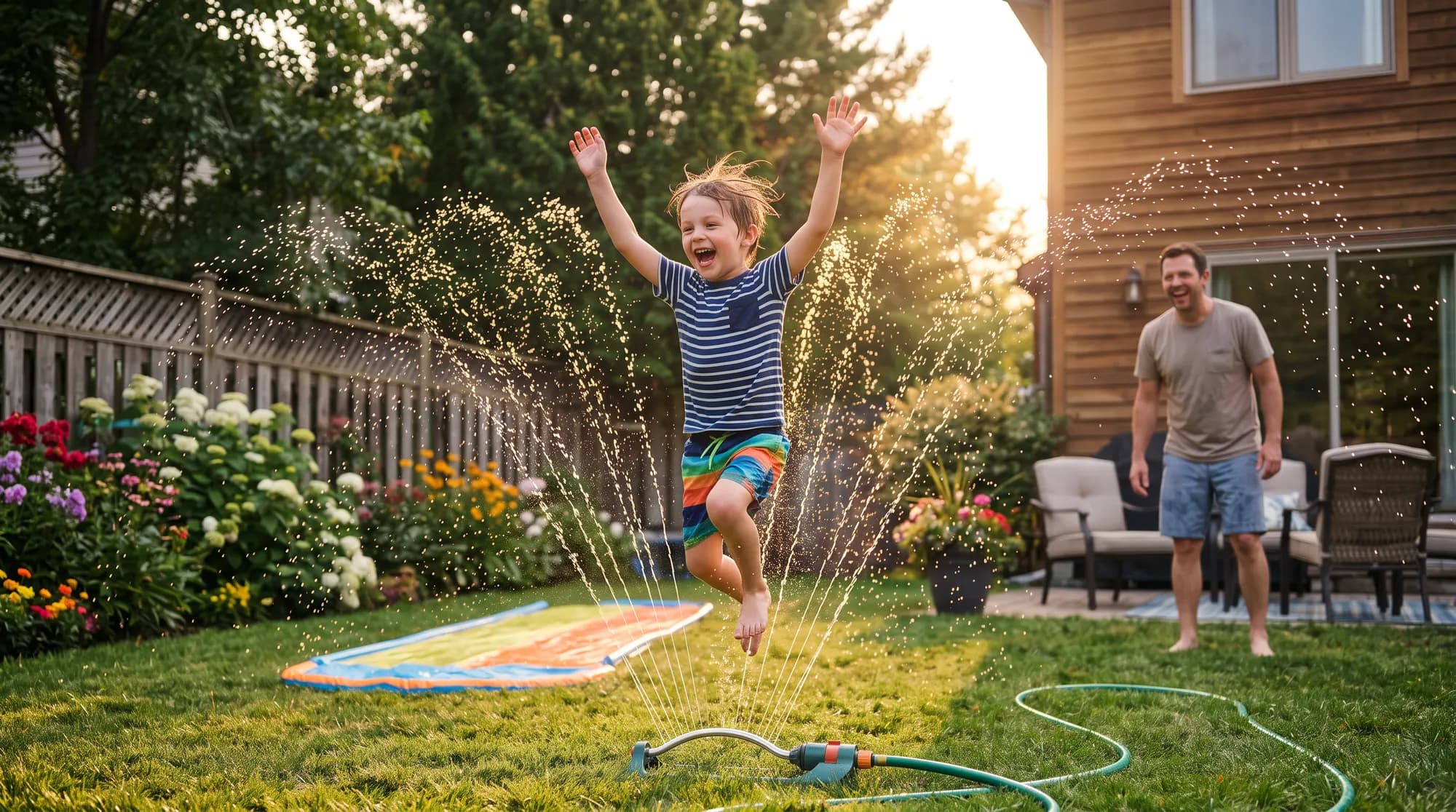 A boy leaping through a backyard sprinkler while his dad watches