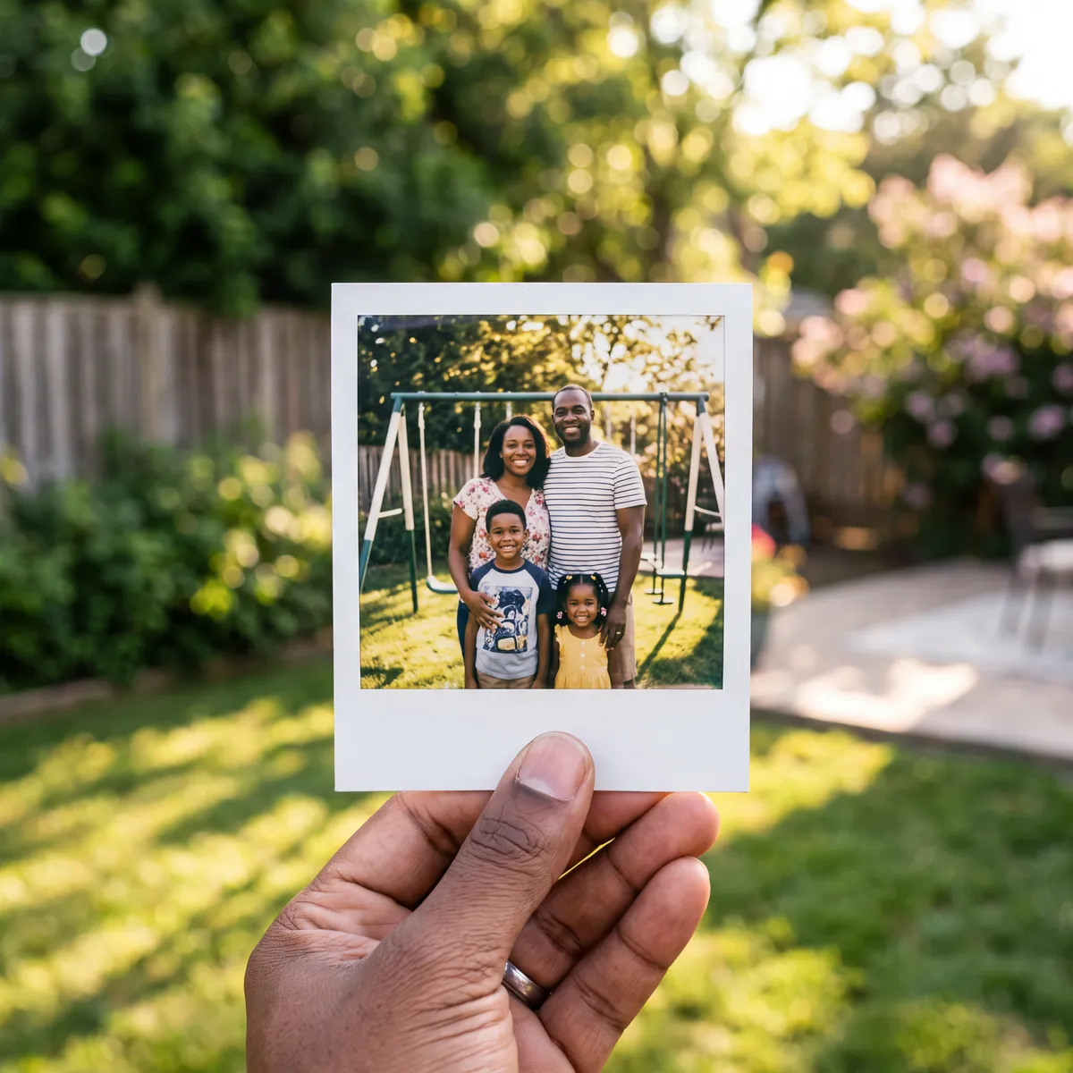 A hand holding a polaroid of a smiling family in front of a backyard swing set