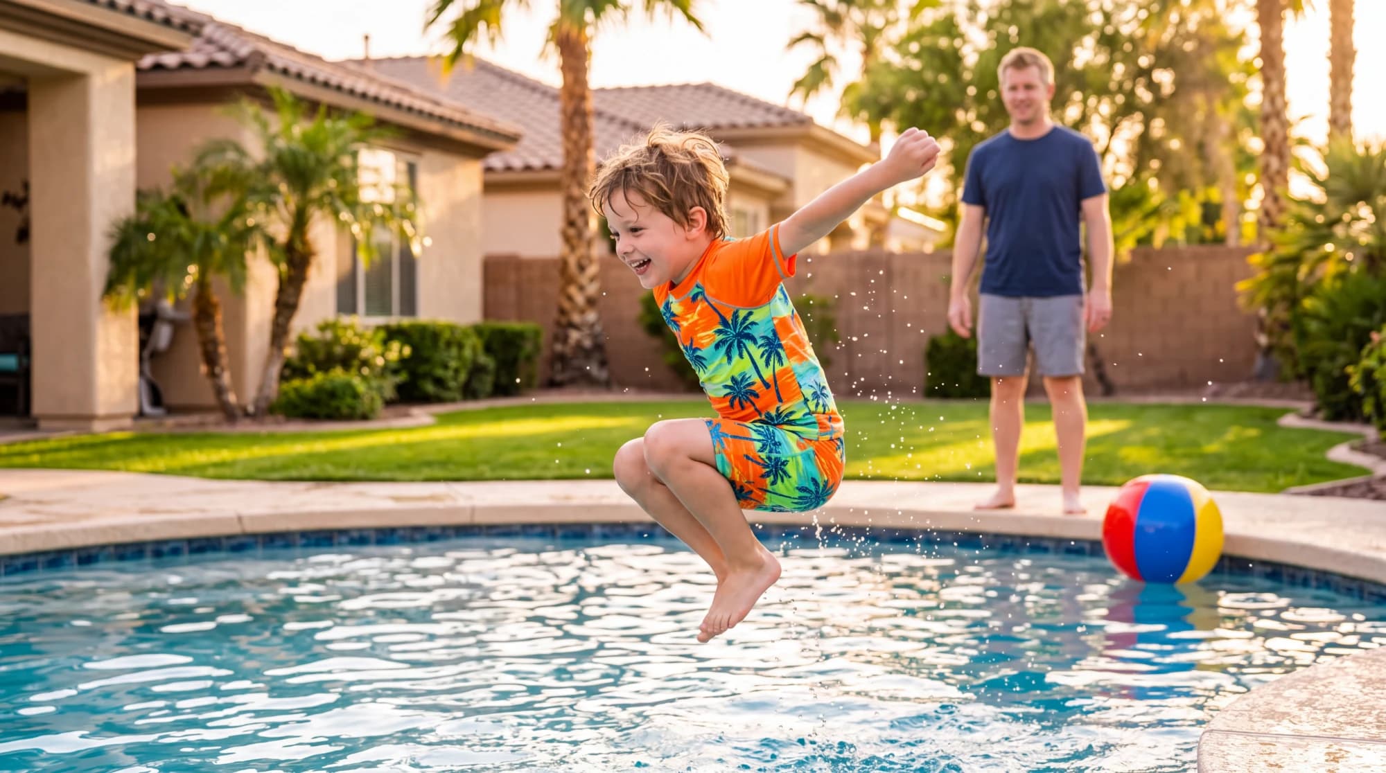 A boy leaping into a backyard pool while his dad watches