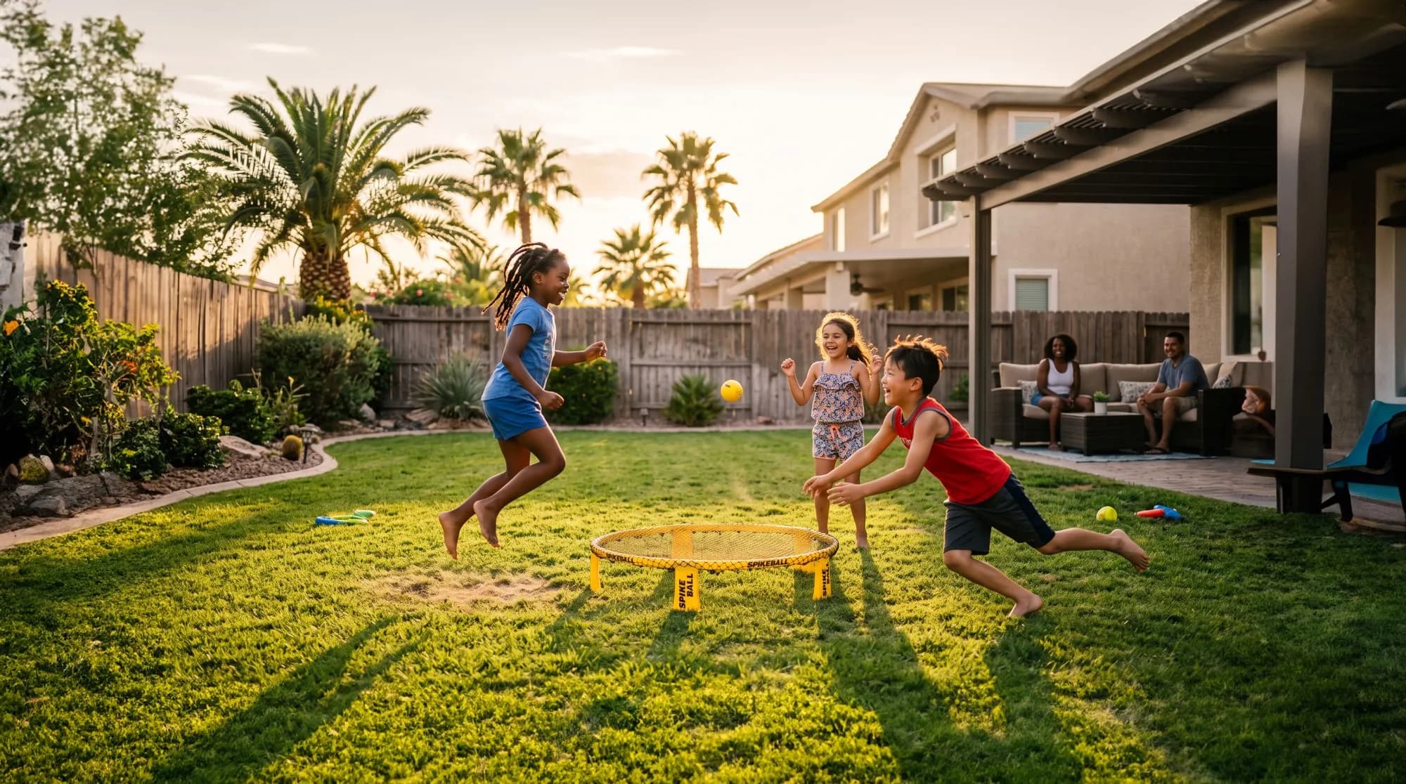 Kids playing spikeball on a backyard lawn while their parents relax on the patio