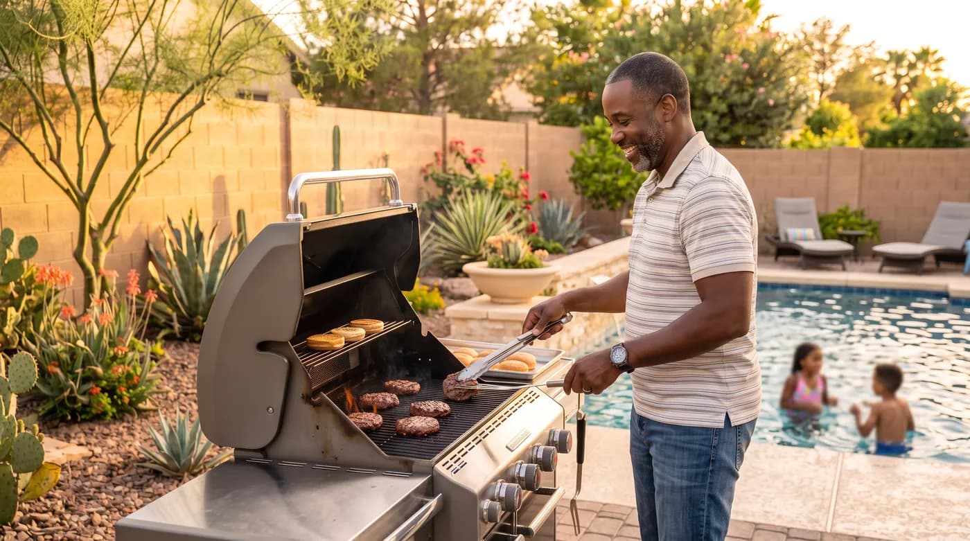 Dad grilling while kids swim