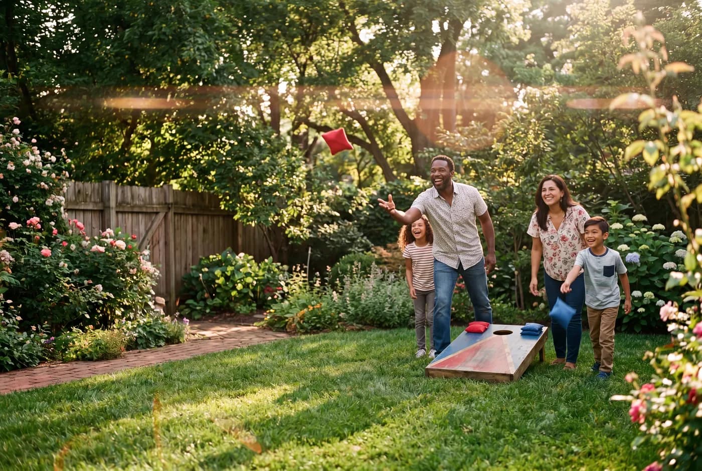 Family playing cornhole in a garden